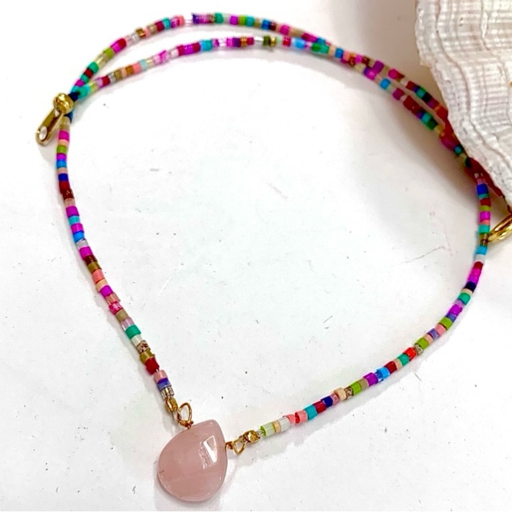 Multi-color Beaded Rose Quartz Necklace